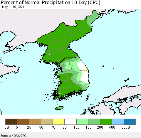 Korea Percent of Normal Precipitation 10-Day (CPC) Thematic Map For 5/1/2024 - 5/10/2024