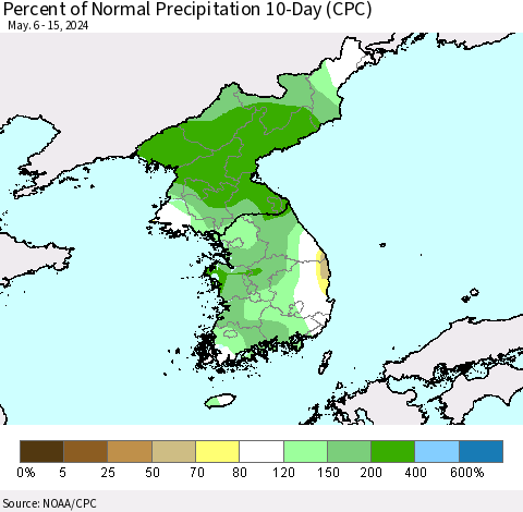 Korea Percent of Normal Precipitation 10-Day (CPC) Thematic Map For 5/6/2024 - 5/15/2024