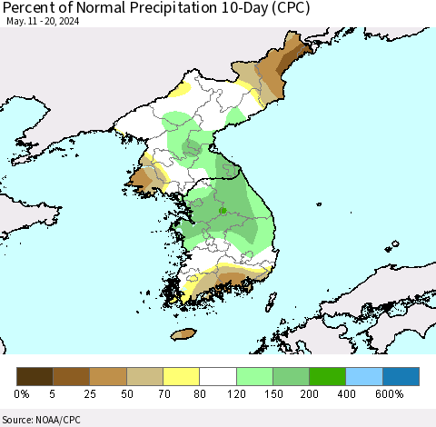 Korea Percent of Normal Precipitation 10-Day (CPC) Thematic Map For 5/11/2024 - 5/20/2024