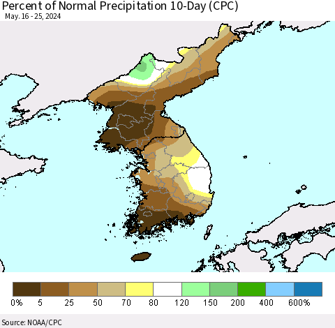 Korea Percent of Normal Precipitation 10-Day (CPC) Thematic Map For 5/16/2024 - 5/25/2024