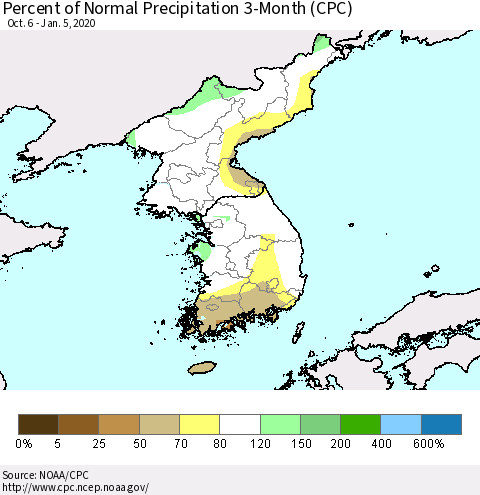 Korea Percent of Normal Precipitation 3-Month (CPC) Thematic Map For 10/6/2019 - 1/5/2020