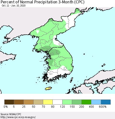 Korea Percent of Normal Precipitation 3-Month (CPC) Thematic Map For 10/11/2019 - 1/10/2020