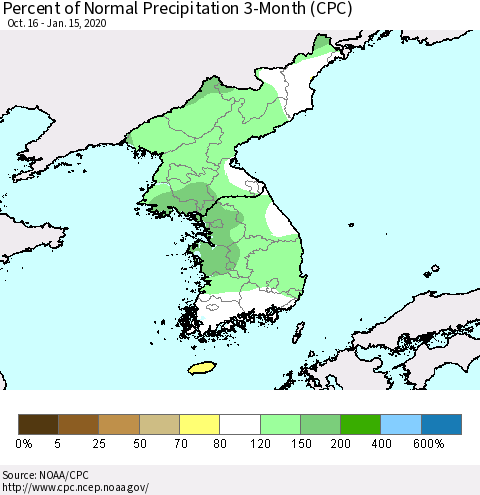 Korea Percent of Normal Precipitation 3-Month (CPC) Thematic Map For 10/16/2019 - 1/15/2020