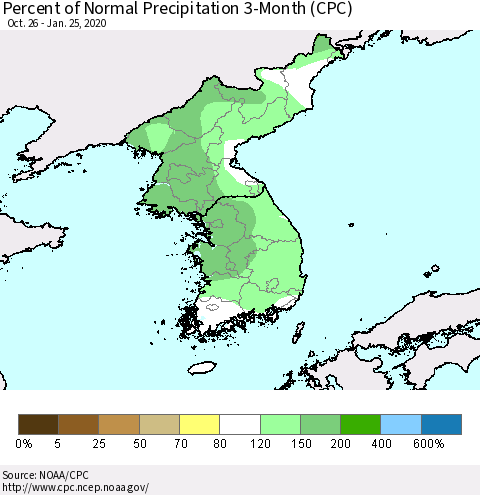 Korea Percent of Normal Precipitation 3-Month (CPC) Thematic Map For 10/26/2019 - 1/25/2020