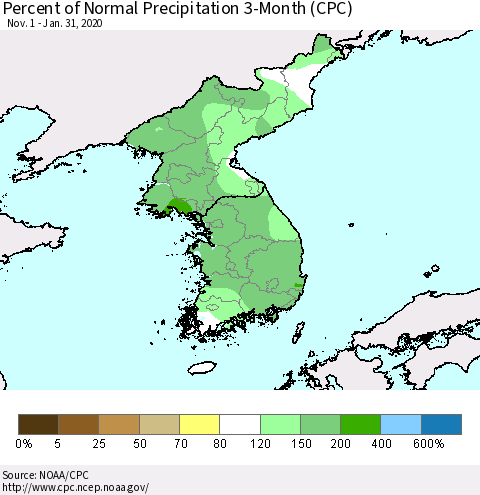 Korea Percent of Normal Precipitation 3-Month (CPC) Thematic Map For 11/1/2019 - 1/31/2020