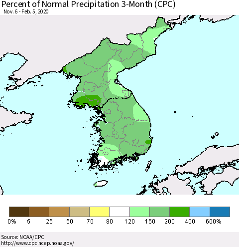 Korea Percent of Normal Precipitation 3-Month (CPC) Thematic Map For 11/6/2019 - 2/5/2020