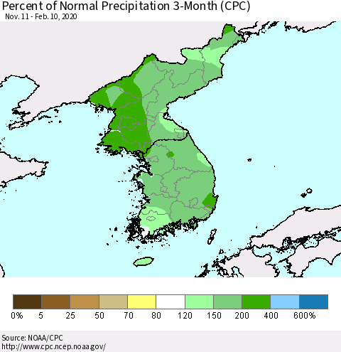 Korea Percent of Normal Precipitation 3-Month (CPC) Thematic Map For 11/11/2019 - 2/10/2020