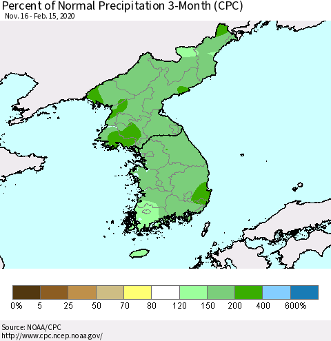 Korea Percent of Normal Precipitation 3-Month (CPC) Thematic Map For 11/16/2019 - 2/15/2020
