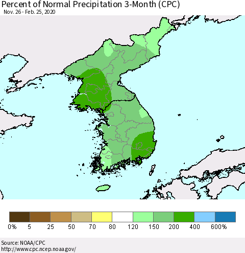 Korea Percent of Normal Precipitation 3-Month (CPC) Thematic Map For 11/26/2019 - 2/25/2020