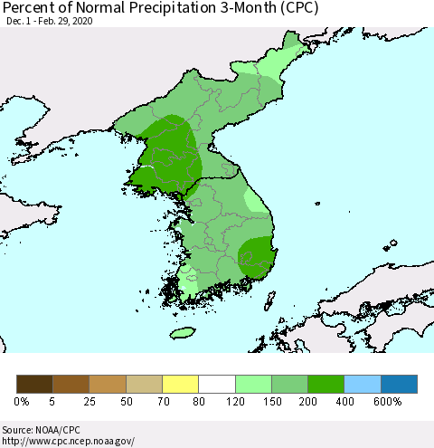 Korea Percent of Normal Precipitation 3-Month (CPC) Thematic Map For 12/1/2019 - 2/29/2020