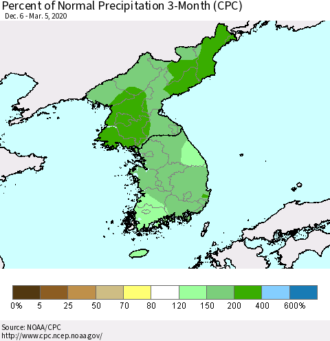 Korea Percent of Normal Precipitation 3-Month (CPC) Thematic Map For 12/6/2019 - 3/5/2020