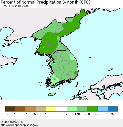 Korea Percent of Normal Precipitation 3-Month (CPC) Thematic Map For 12/11/2019 - 3/10/2020