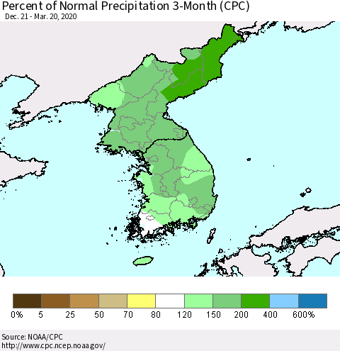 Korea Percent of Normal Precipitation 3-Month (CPC) Thematic Map For 12/21/2019 - 3/20/2020