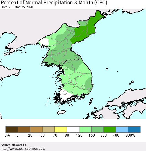 Korea Percent of Normal Precipitation 3-Month (CPC) Thematic Map For 12/26/2019 - 3/25/2020