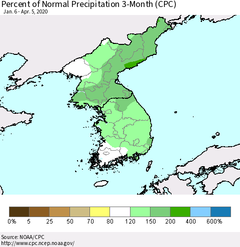 Korea Percent of Normal Precipitation 3-Month (CPC) Thematic Map For 1/6/2020 - 4/5/2020