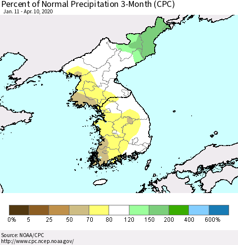 Korea Percent of Normal Precipitation 3-Month (CPC) Thematic Map For 1/11/2020 - 4/10/2020