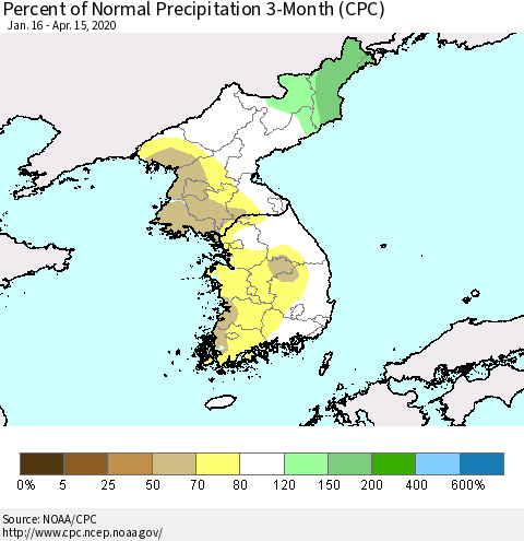 Korea Percent of Normal Precipitation 3-Month (CPC) Thematic Map For 1/16/2020 - 4/15/2020