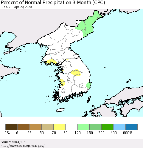 Korea Percent of Normal Precipitation 3-Month (CPC) Thematic Map For 1/21/2020 - 4/20/2020