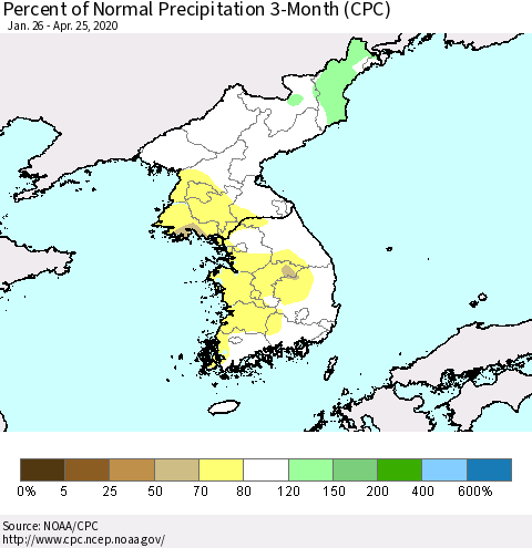 Korea Percent of Normal Precipitation 3-Month (CPC) Thematic Map For 1/26/2020 - 4/25/2020