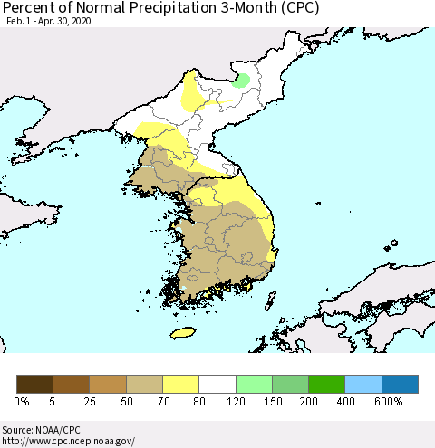 Korea Percent of Normal Precipitation 3-Month (CPC) Thematic Map For 2/1/2020 - 4/30/2020