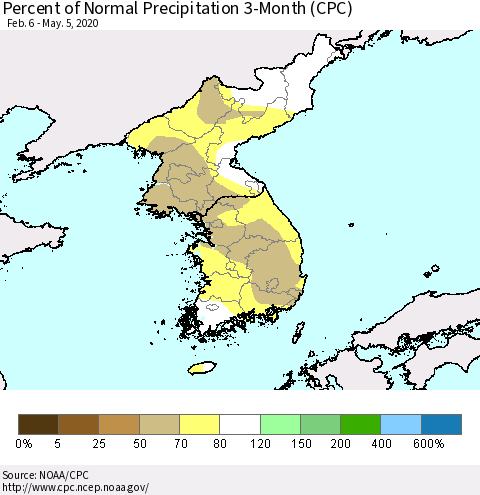 Korea Percent of Normal Precipitation 3-Month (CPC) Thematic Map For 2/6/2020 - 5/5/2020