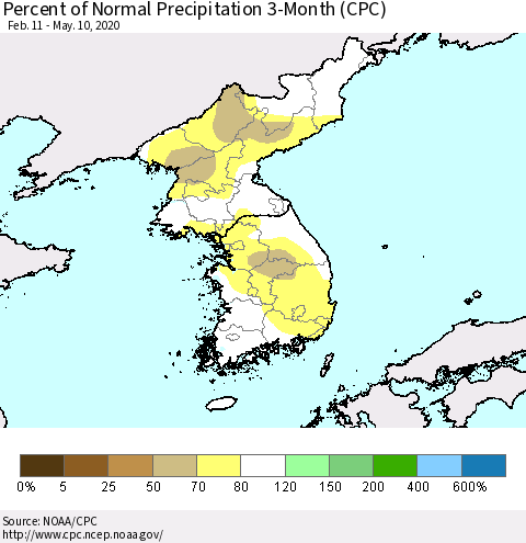 Korea Percent of Normal Precipitation 3-Month (CPC) Thematic Map For 2/11/2020 - 5/10/2020