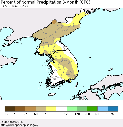 Korea Percent of Normal Precipitation 3-Month (CPC) Thematic Map For 2/16/2020 - 5/15/2020