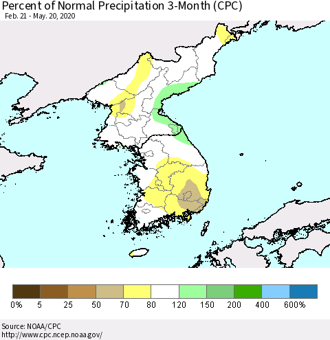 Korea Percent of Normal Precipitation 3-Month (CPC) Thematic Map For 2/21/2020 - 5/20/2020