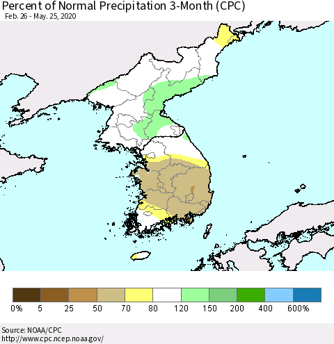 Korea Percent of Normal Precipitation 3-Month (CPC) Thematic Map For 2/26/2020 - 5/25/2020