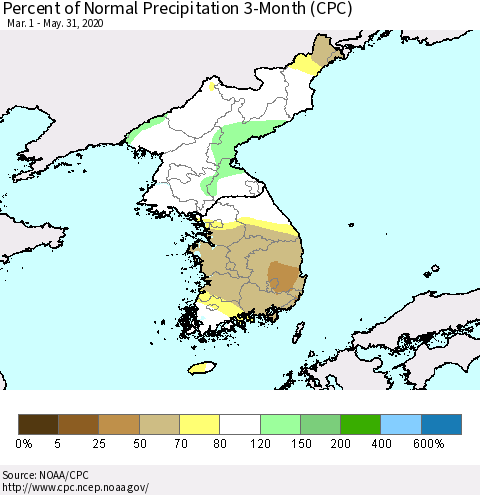 Korea Percent of Normal Precipitation 3-Month (CPC) Thematic Map For 3/1/2020 - 5/31/2020