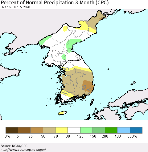 Korea Percent of Normal Precipitation 3-Month (CPC) Thematic Map For 3/6/2020 - 6/5/2020