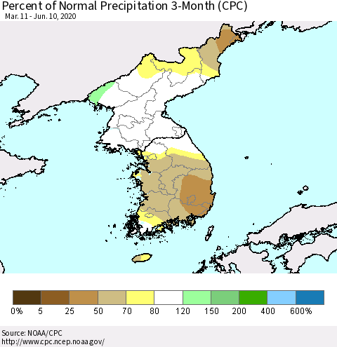 Korea Percent of Normal Precipitation 3-Month (CPC) Thematic Map For 3/11/2020 - 6/10/2020