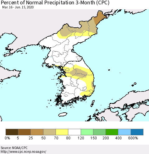 Korea Percent of Normal Precipitation 3-Month (CPC) Thematic Map For 3/16/2020 - 6/15/2020