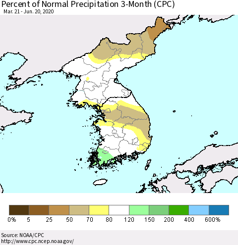 Korea Percent of Normal Precipitation 3-Month (CPC) Thematic Map For 3/21/2020 - 6/20/2020