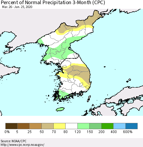 Korea Percent of Normal Precipitation 3-Month (CPC) Thematic Map For 3/26/2020 - 6/25/2020