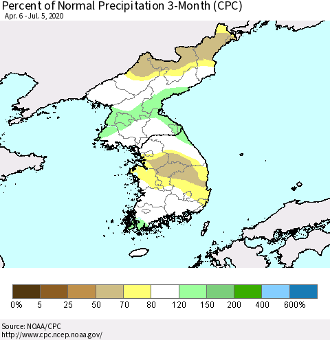 Korea Percent of Normal Precipitation 3-Month (CPC) Thematic Map For 4/6/2020 - 7/5/2020