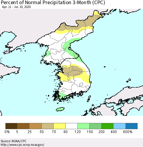 Korea Percent of Normal Precipitation 3-Month (CPC) Thematic Map For 4/11/2020 - 7/10/2020
