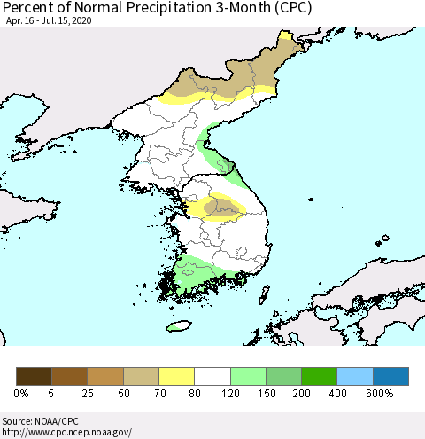 Korea Percent of Normal Precipitation 3-Month (CPC) Thematic Map For 4/16/2020 - 7/15/2020