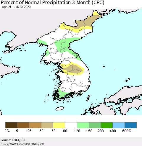 Korea Percent of Normal Precipitation 3-Month (CPC) Thematic Map For 4/21/2020 - 7/20/2020