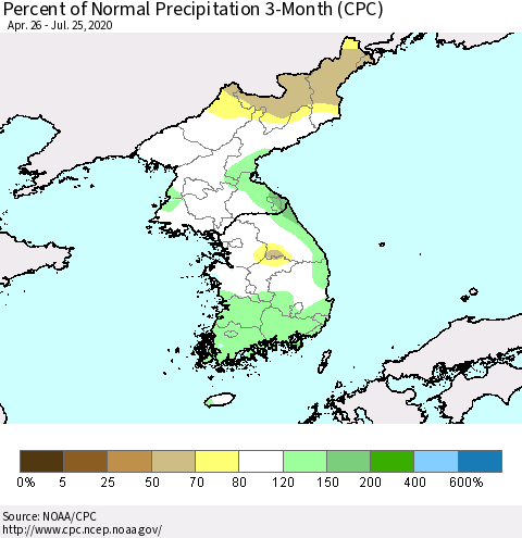 Korea Percent of Normal Precipitation 3-Month (CPC) Thematic Map For 4/26/2020 - 7/25/2020