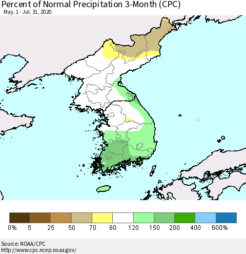 Korea Percent of Normal Precipitation 3-Month (CPC) Thematic Map For 5/1/2020 - 7/31/2020