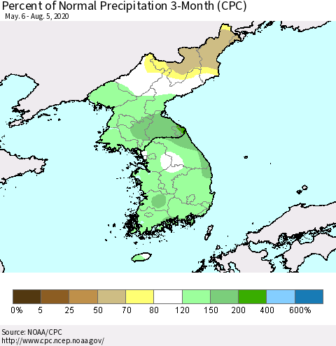 Korea Percent of Normal Precipitation 3-Month (CPC) Thematic Map For 5/6/2020 - 8/5/2020