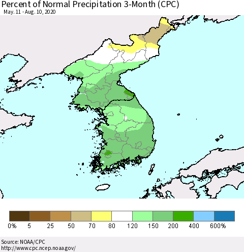 Korea Percent of Normal Precipitation 3-Month (CPC) Thematic Map For 5/11/2020 - 8/10/2020