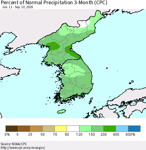 Korea Percent of Normal Precipitation 3-Month (CPC) Thematic Map For 6/11/2020 - 9/10/2020