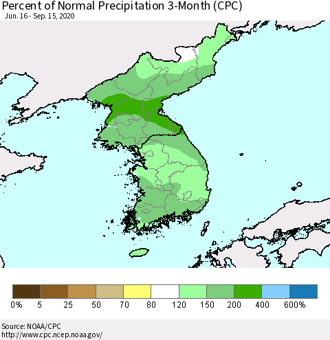 Korea Percent of Normal Precipitation 3-Month (CPC) Thematic Map For 6/16/2020 - 9/15/2020