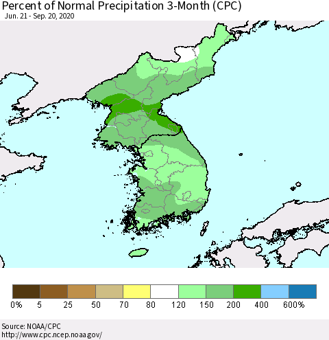Korea Percent of Normal Precipitation 3-Month (CPC) Thematic Map For 6/21/2020 - 9/20/2020
