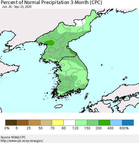 Korea Percent of Normal Precipitation 3-Month (CPC) Thematic Map For 6/26/2020 - 9/25/2020