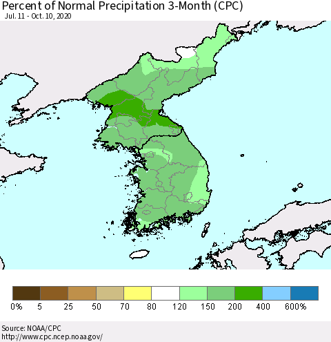 Korea Percent of Normal Precipitation 3-Month (CPC) Thematic Map For 7/11/2020 - 10/10/2020