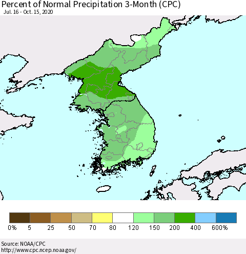 Korea Percent of Normal Precipitation 3-Month (CPC) Thematic Map For 7/16/2020 - 10/15/2020