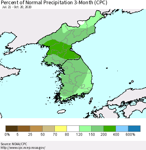 Korea Percent of Normal Precipitation 3-Month (CPC) Thematic Map For 7/21/2020 - 10/20/2020
